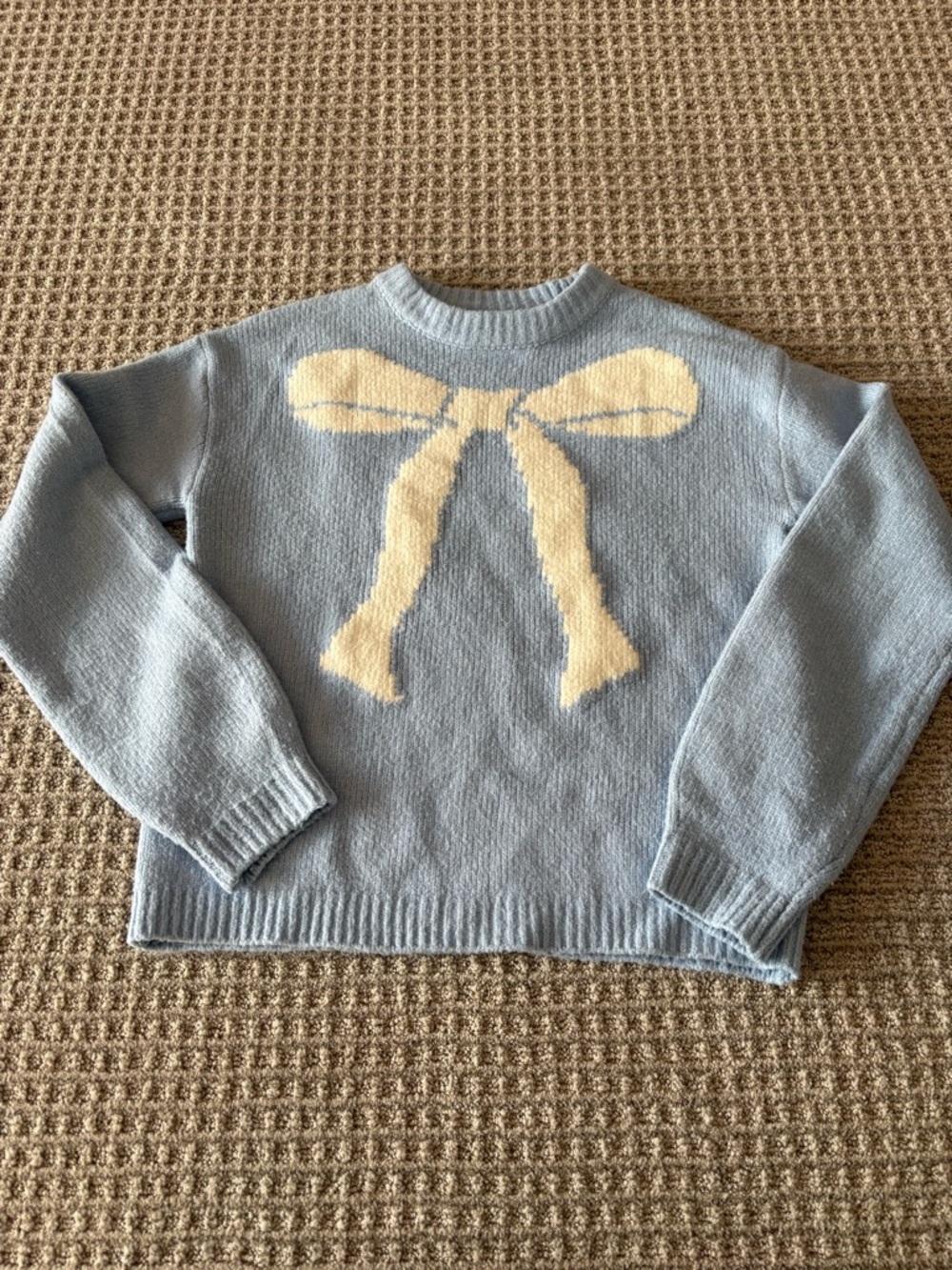 a new day Powder Blue Crewneck Sweater with Cream Bow Motif